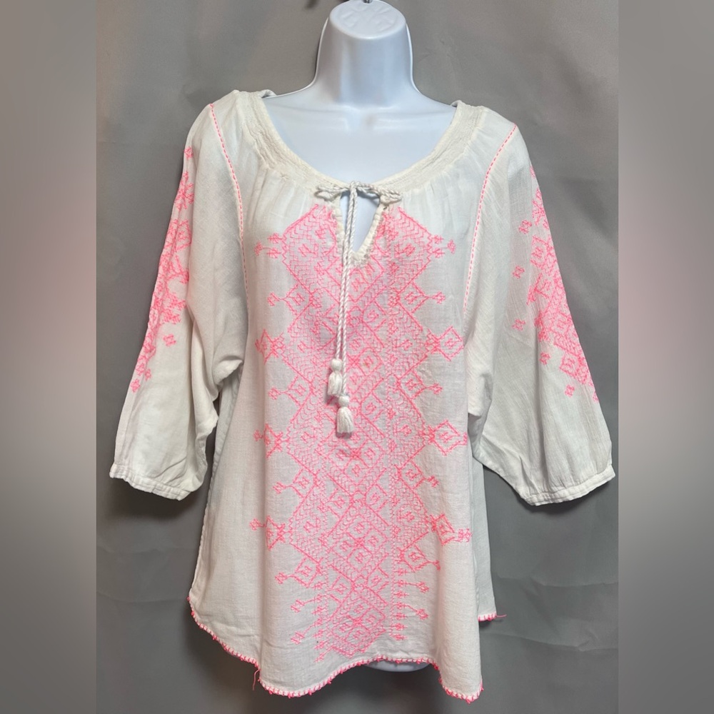 Maeve sz 10 white lightweight Embroidered‎ hot pink top Blouse tunic shirt